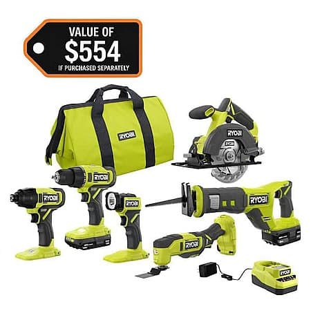 6-Tool RYOBI ONE+ 18V Cordless Combo Kit w/ 1.5Ah + 4.0Ah Batteries & Charger $199 + Free S&H