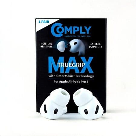 $7.28 | Comply TrueGrip MAX Premium Memory Foam Replacement Earbud Tips for Apple AirPods Pro Gen 3 (White, Medium) at Amazon